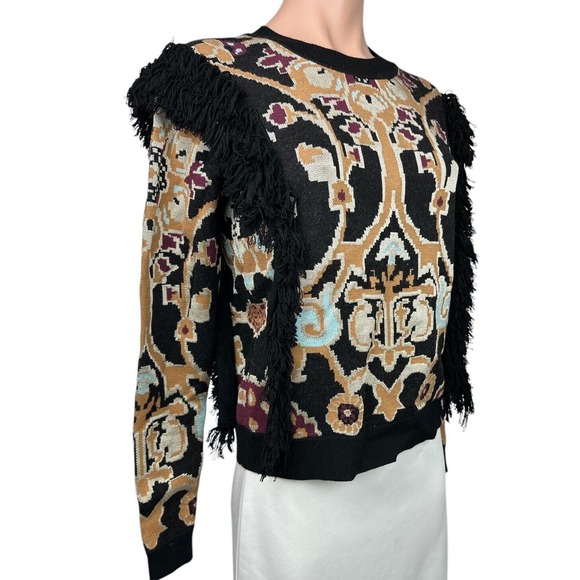 Ronny Kobo Pullover Sweater Sz XS Long Sleeve Fringe Black Brown White Viscose - Picture 5 of 7
